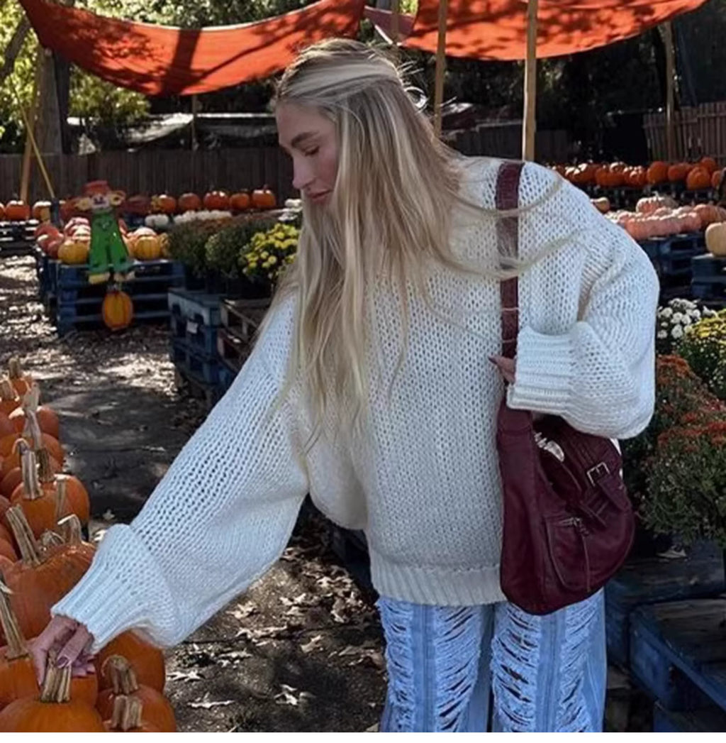 Fall new round-neck loose casual long-sleeved sweater - versatile for outerwear, lightweight semi-transparent trendy top