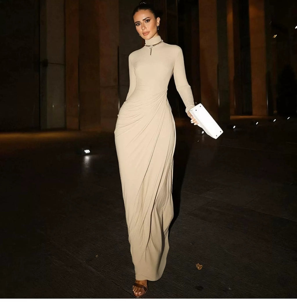 Buttoned half-collared long-sleeved dress for women with pleated high-waist design, featuring a seamless and slimming fit.