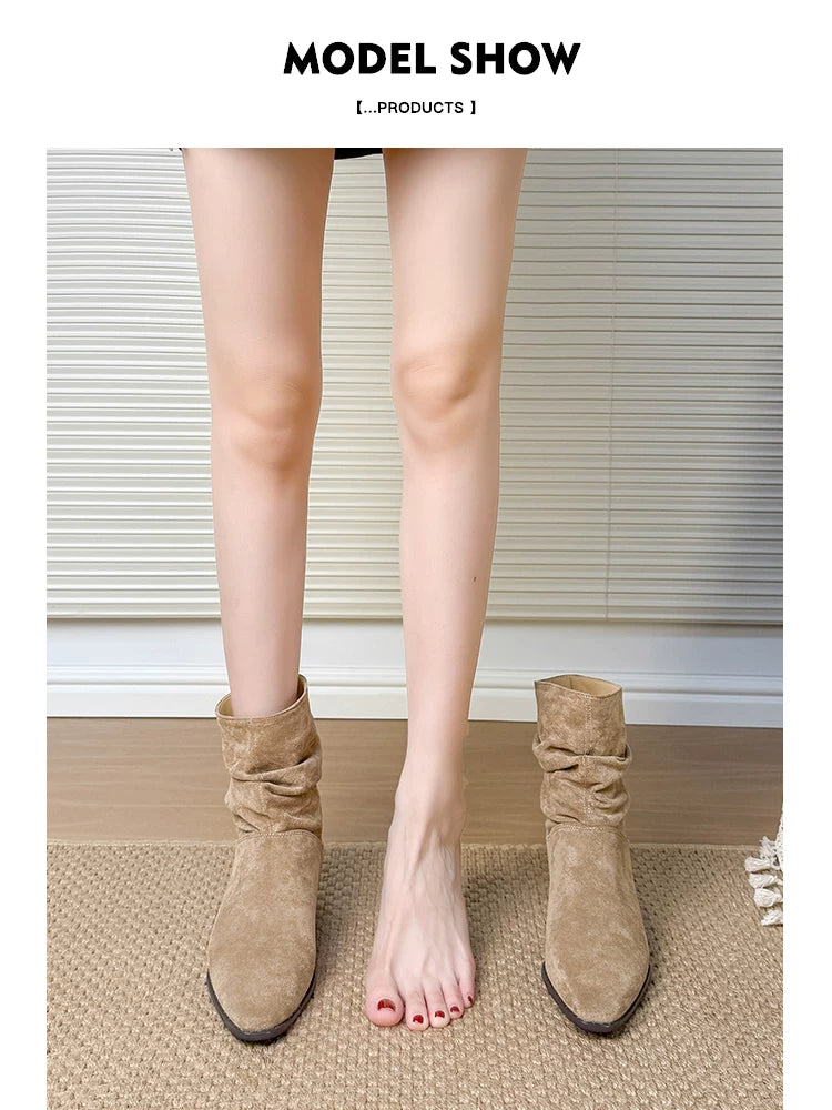 Leather version ~ Retro suede pointed toe pleated boot for women, thick heel, low heel, short boot, slimming effect, western style denim boot
