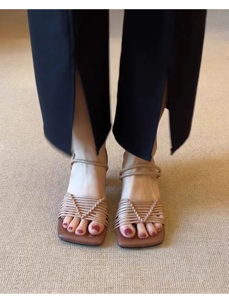 Sheepskin version ~ Soft-soled hand-woven Roman sandals for women, versatile and comfortable leather pointed-toe slip-on high-heeled sandals