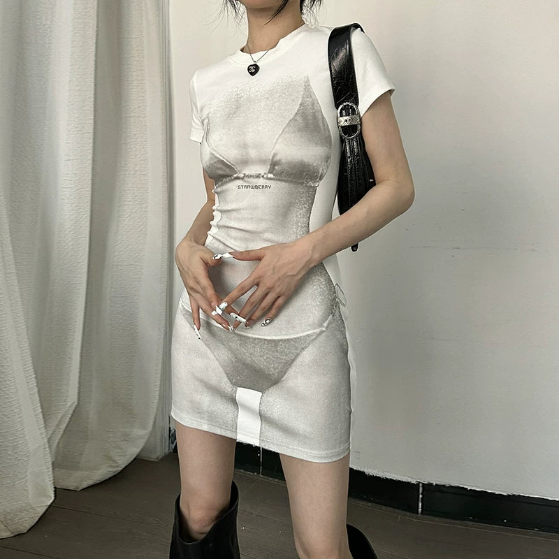 Perspective effect bikini print short-sleeved dress for women - summer high-waisted slimming figure-hugging short skirt