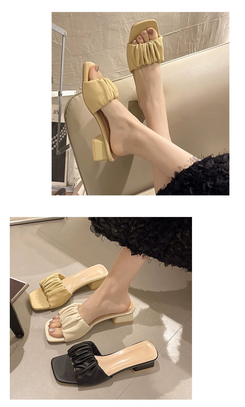 Round-toe thick-soled summer new style fashionable and versatile pleated wedge flip-flop shoes for women to wear outside.