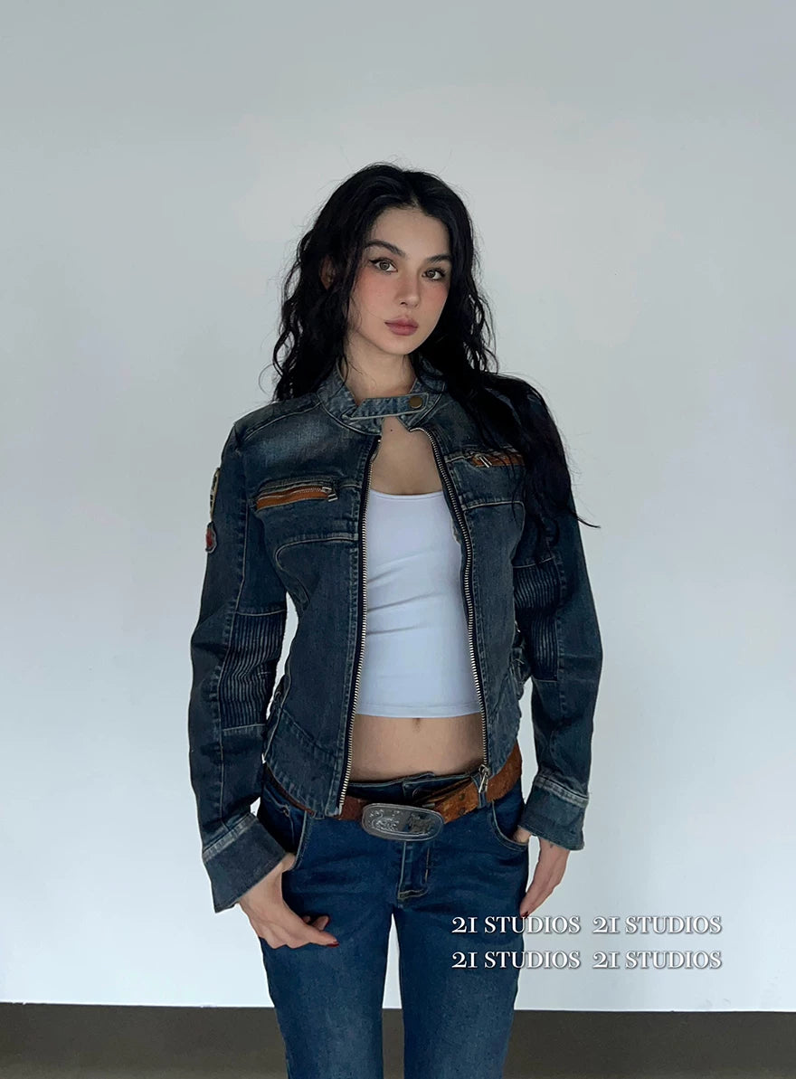 Retro Spring Denim Jacket for Women - Short Sleeve Coat - Denim Pants Set