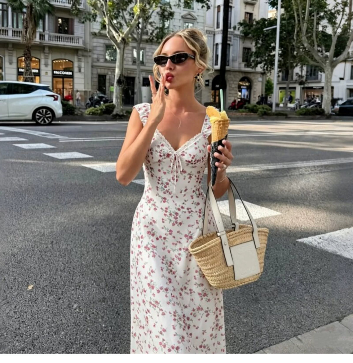 Holiday-style double-layer netted floral halter dress with lace stitching and tie straps, high-waisted and figure-hugging long dress