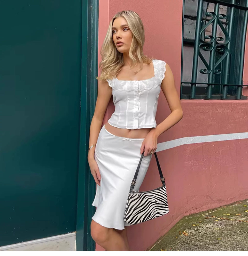 Summer lace-trimmed ruched V-neck single-button top with zipper high-waisted midi skirt - fashionable two-piece set for women