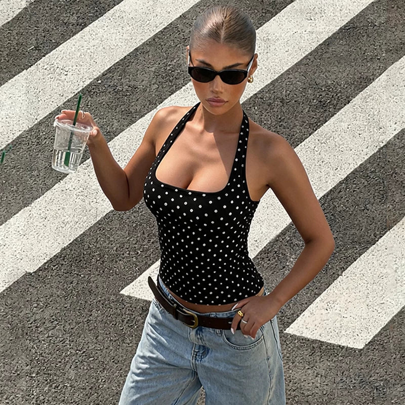 Hot girl polka dot printed neckless halter top with a feminine and erotic style V-neck revealing top for women
