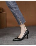 Comfortable high-heeled shoes with thin heels for office work and professional wear. Black single shoes made of soft leather, suitable for spring.