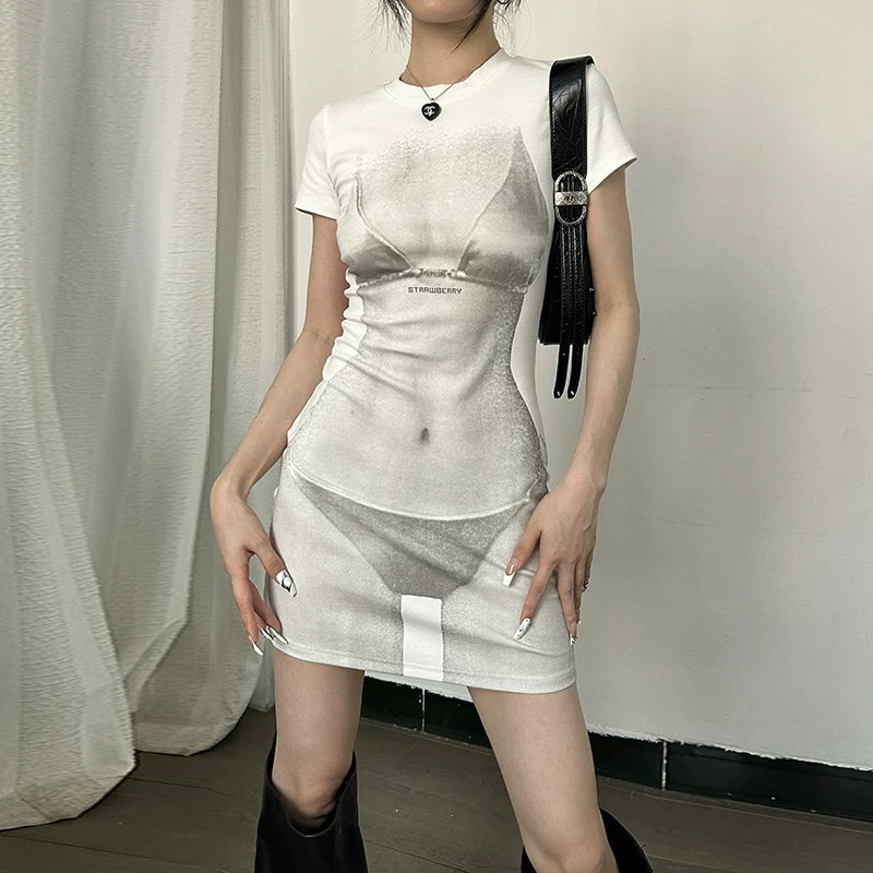 Perspective effect bikini print short-sleeved dress for women - summer high-waisted slimming figure-hugging short skirt