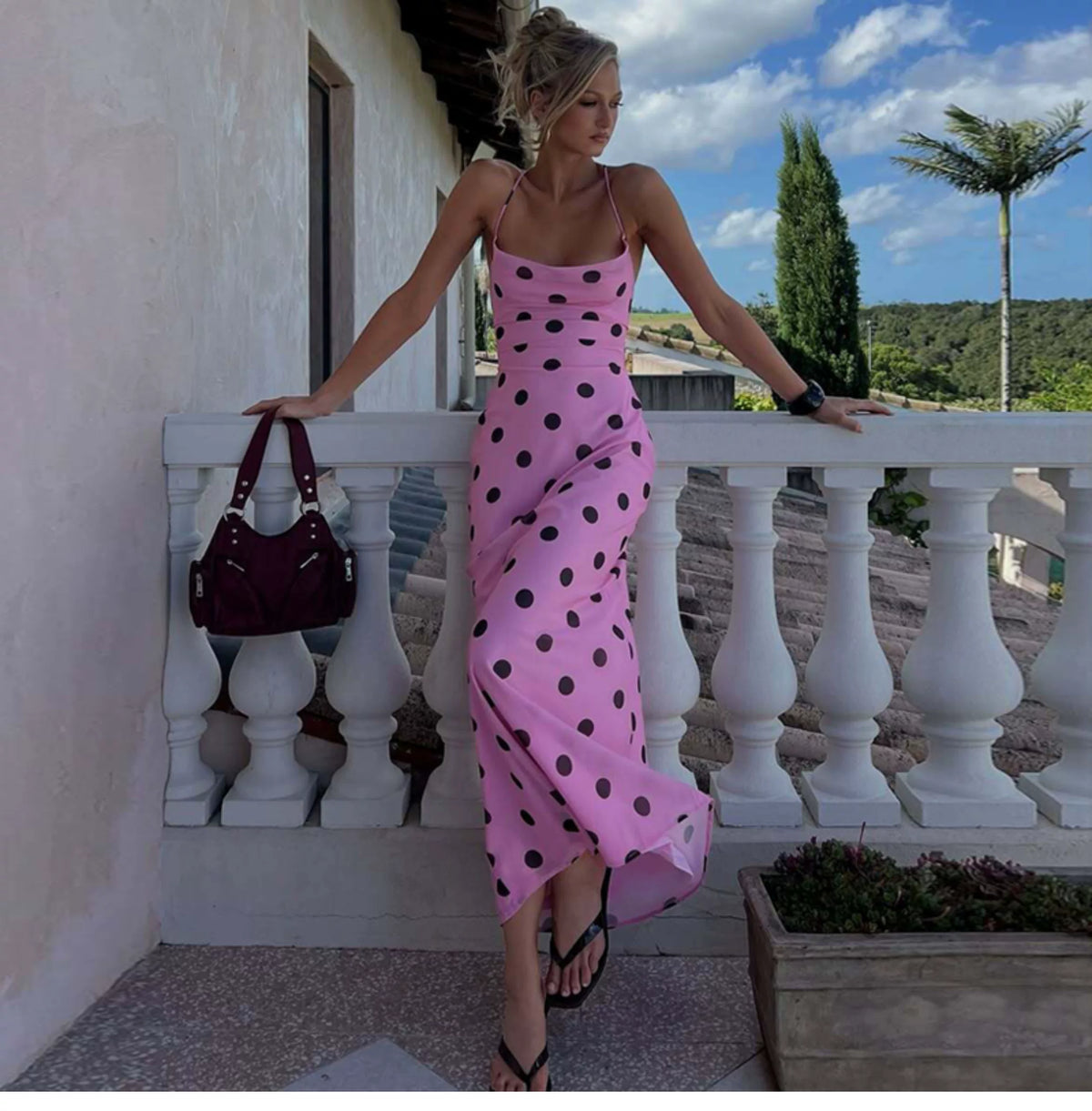 Holiday Trouble Point Print Strappy Waist-Slim Backless Halter Dress Feminine Long Skirt