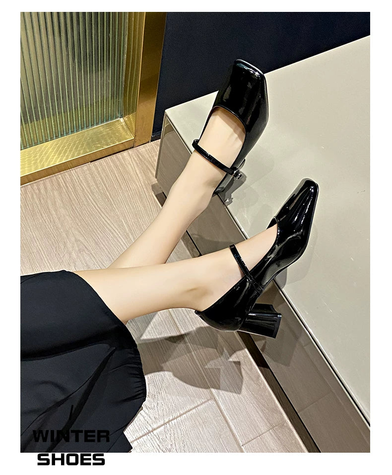 Spring/Summer New Style Thick-Topped Women's Leather Slingback Square-Toe Low-Cut Mary Jane Pumps with Skirt Button-Up High Heels