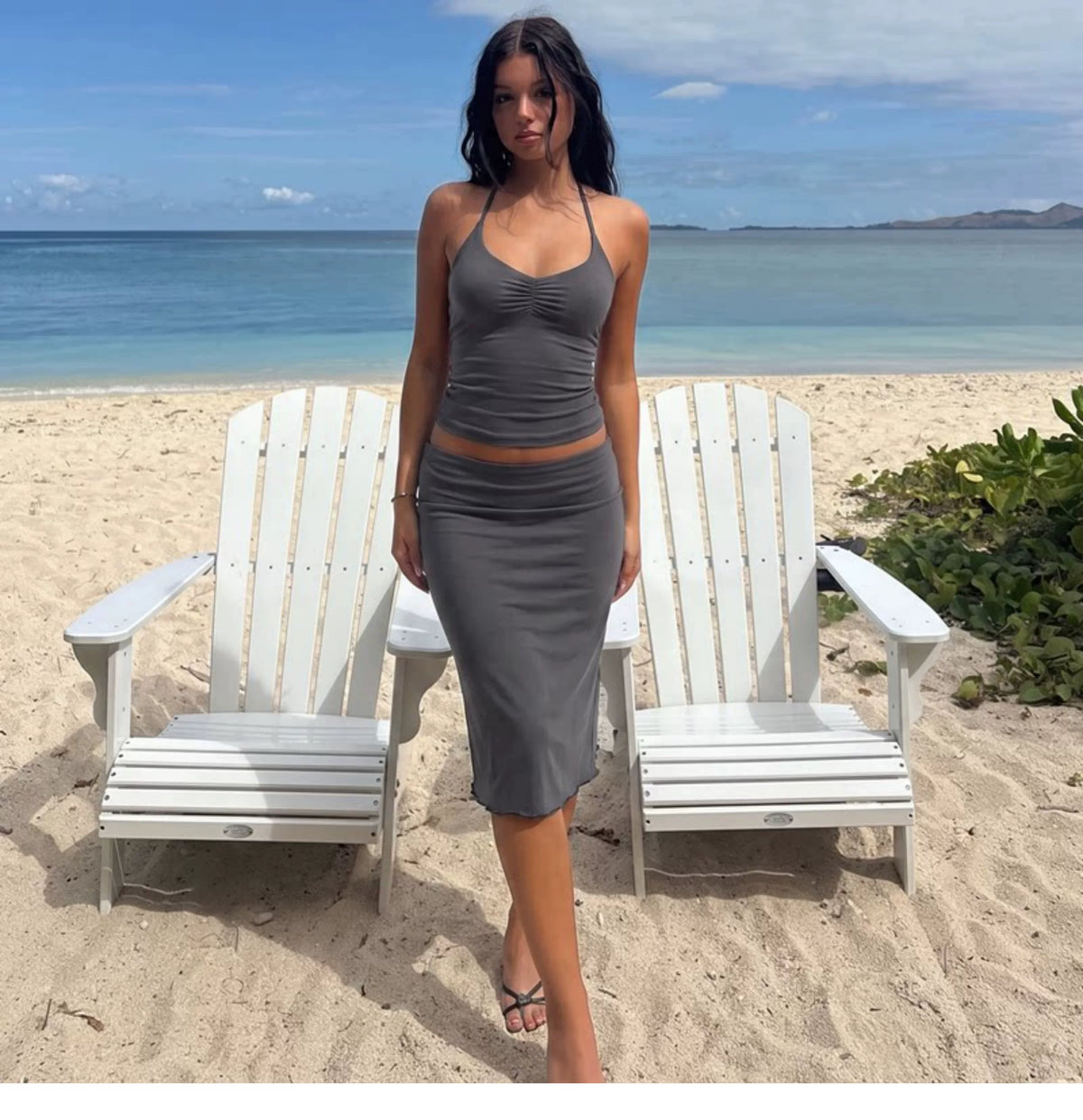 Sexy hot girl outfit with backless lace-up neck halter top, double wooden earflap high-waisted fitted half-length skirt